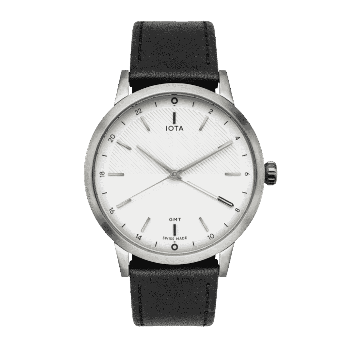 The London GMT watch with a brushed steel case, a white dial and black leather strap from IOTA