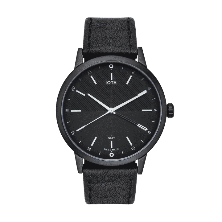 The Hong Kong GMT watch with a black DLC steel case, a black dial and black leather strap from IOTA